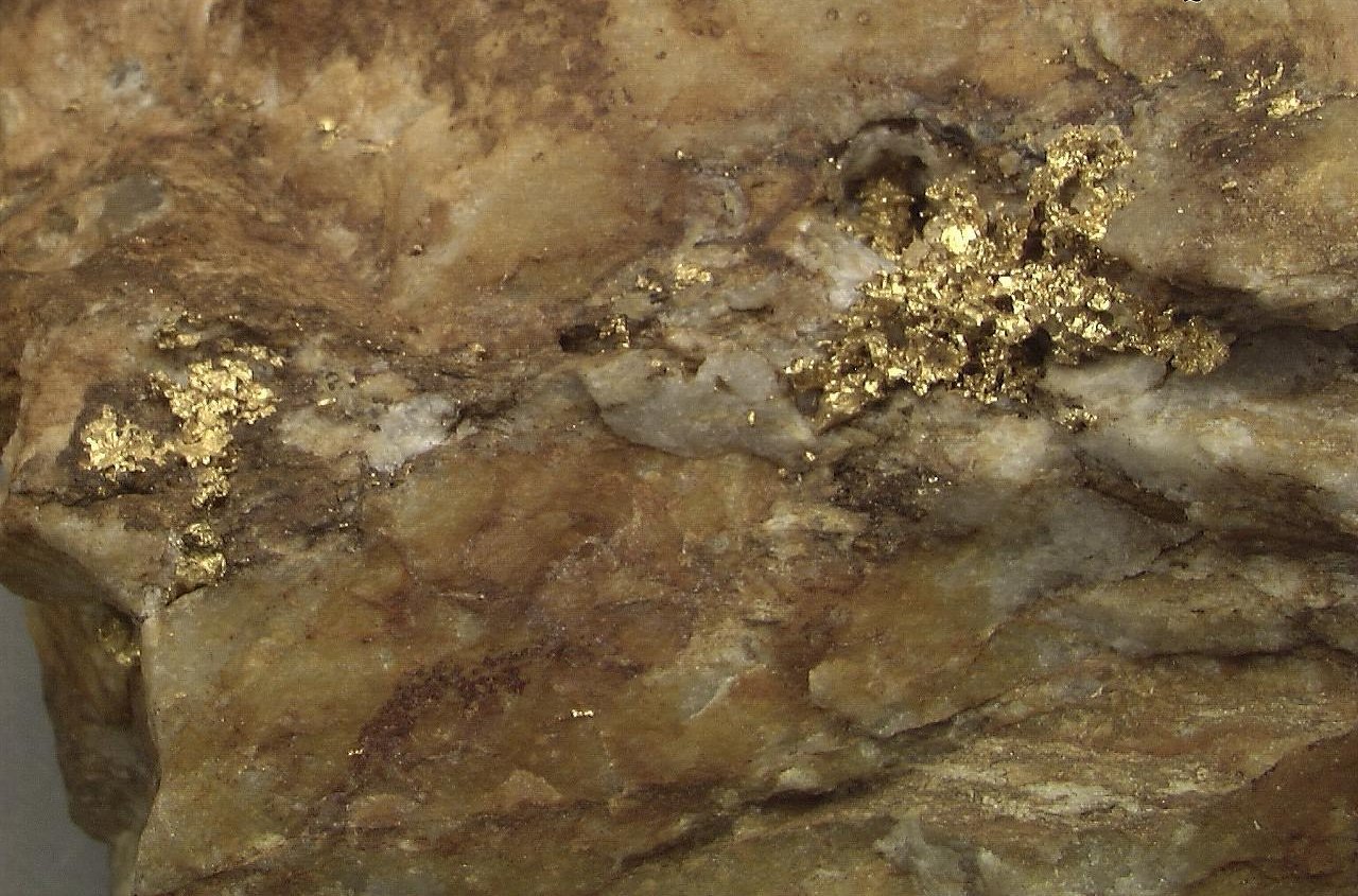 Fine gold grains scattered through quartz (illustrative)